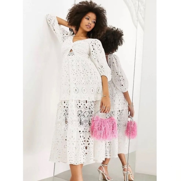 ASOS EDITION Twist Front Eyelet Lace Midi Dress White - Picture 4 of 11